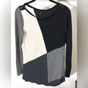 White House Black Market Color Block Black Gray V-Neck Tunic Sweater Sz XS